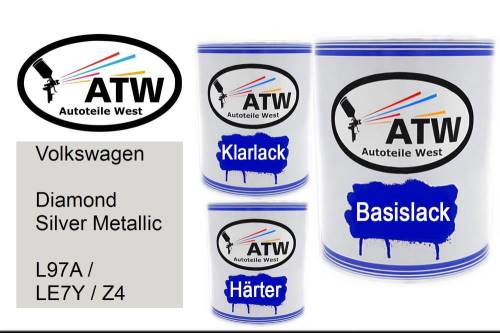 Volkswagen, Diamond Silver Metallic, L97A / LE7Y / Z4: 1L Lackdose + 1L Klarlack + 500ml Härter - Set, von ATW Autoteile West.